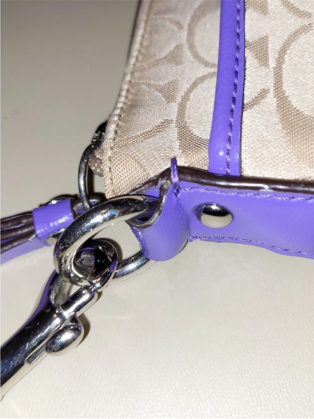 Coach Poppy Beige Signature Crossbody with Purple Trim